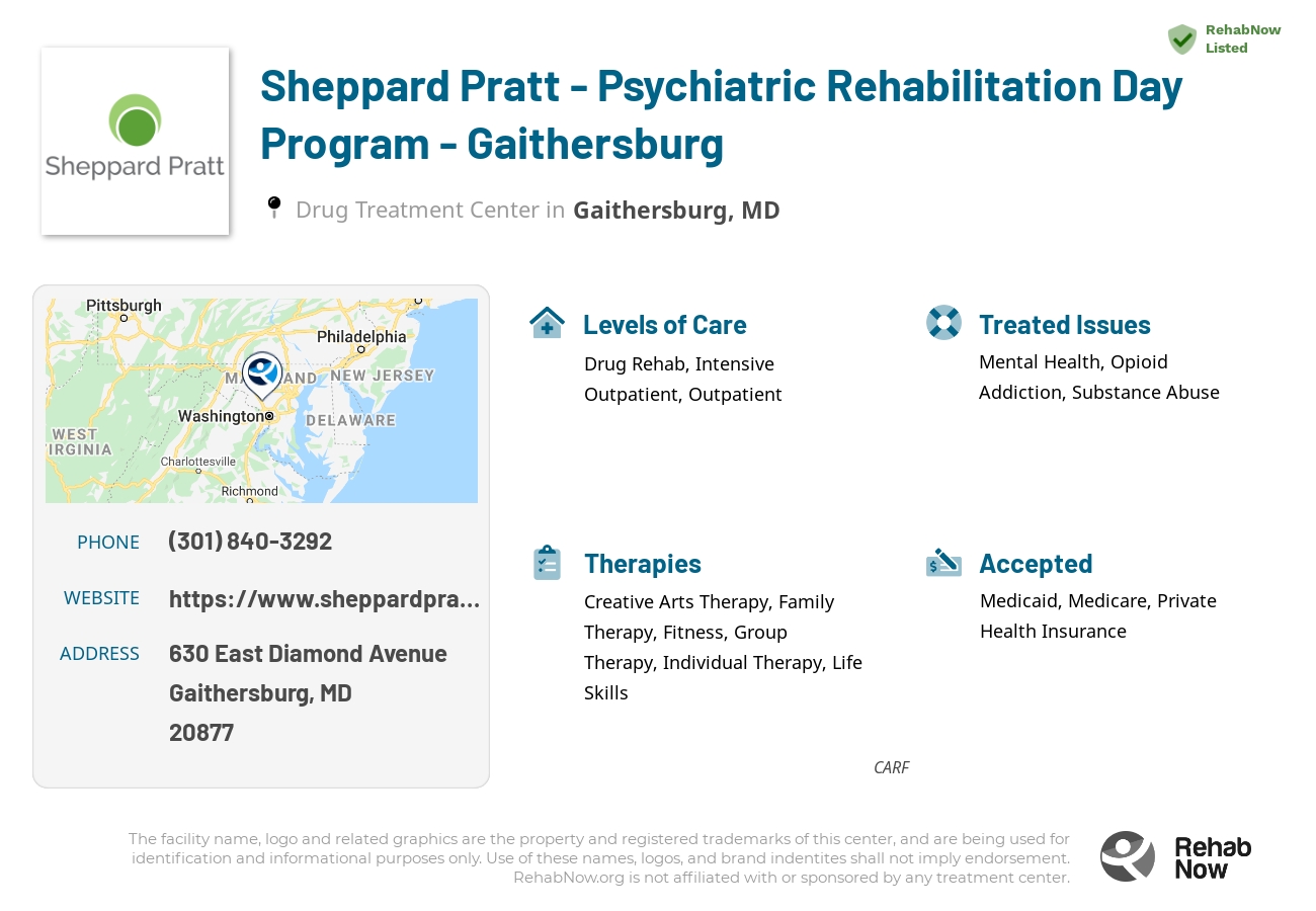 Helpful reference information for Sheppard Pratt - Psychiatric Rehabilitation Day Program - Gaithersburg, a drug treatment center in Maryland located at: 630 East Diamond Avenue, Suites A, B, C, Gaithersburg, MD, 20877, including phone numbers, official website, and more. Listed briefly is an overview of Levels of Care, Therapies Offered, Issues Treated, and accepted forms of Payment Methods.