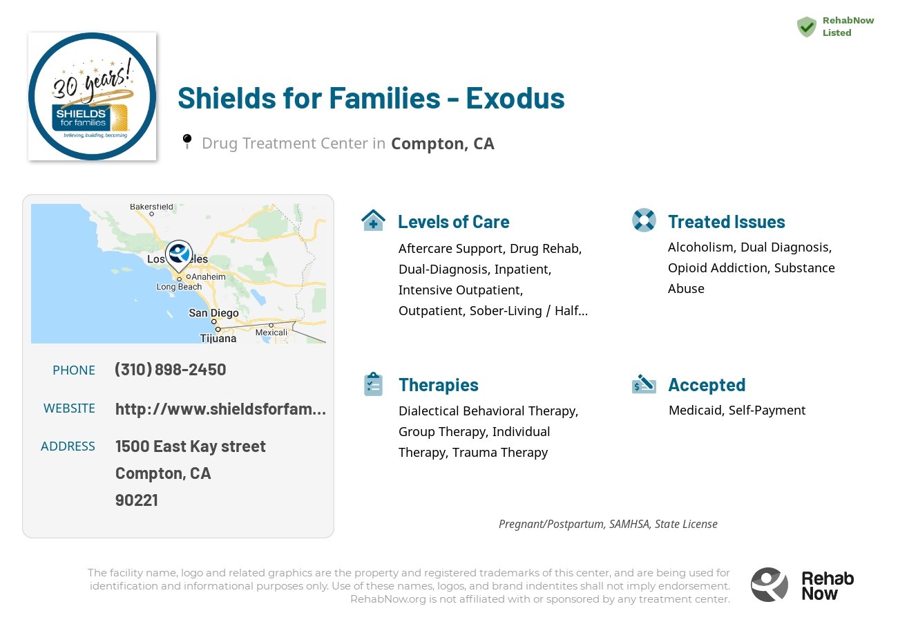 Helpful reference information for Shields for Families - Exodus, a drug treatment center in California located at: 1500 East Kay street, Compton, CA, 90221, including phone numbers, official website, and more. Listed briefly is an overview of Levels of Care, Therapies Offered, Issues Treated, and accepted forms of Payment Methods.