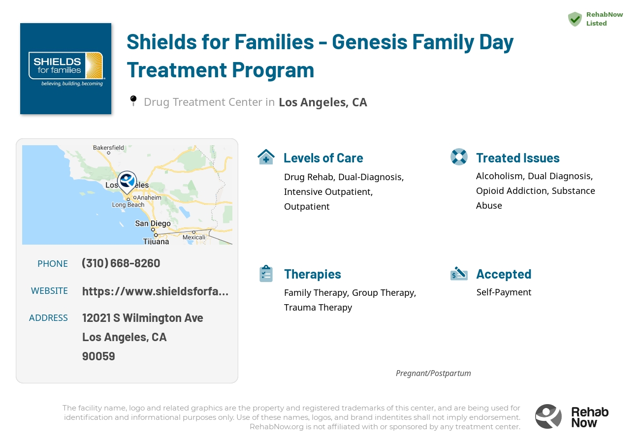 Helpful reference information for Shields for Families - Genesis Family Day Treatment Program, a drug treatment center in California located at: 12021 S Wilmington Ave, Los Angeles, CA 90059, including phone numbers, official website, and more. Listed briefly is an overview of Levels of Care, Therapies Offered, Issues Treated, and accepted forms of Payment Methods.