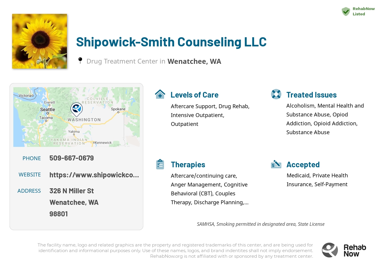 Helpful reference information for Shipowick-Smith Counseling LLC, a drug treatment center in Washington located at: 326 N Miller St, Wenatchee, WA 98801, including phone numbers, official website, and more. Listed briefly is an overview of Levels of Care, Therapies Offered, Issues Treated, and accepted forms of Payment Methods.