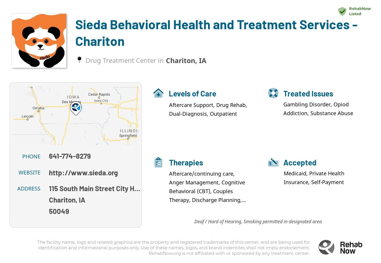 Helpful reference information for Sieda Behavioral Health and Treatment Services - Chariton, a drug treatment center in Iowa located at: 115 South Main Street City Hall, Chariton, IA 50049, including phone numbers, official website, and more. Listed briefly is an overview of Levels of Care, Therapies Offered, Issues Treated, and accepted forms of Payment Methods.
