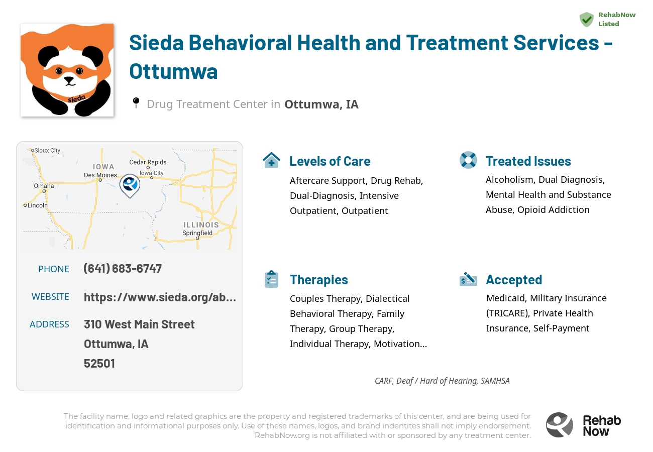 Helpful reference information for Sieda Behavioral Health and Treatment Services - Ottumwa, a drug treatment center in Iowa located at: 310 West Main Street, Ottumwa, IA, 52501, including phone numbers, official website, and more. Listed briefly is an overview of Levels of Care, Therapies Offered, Issues Treated, and accepted forms of Payment Methods.
