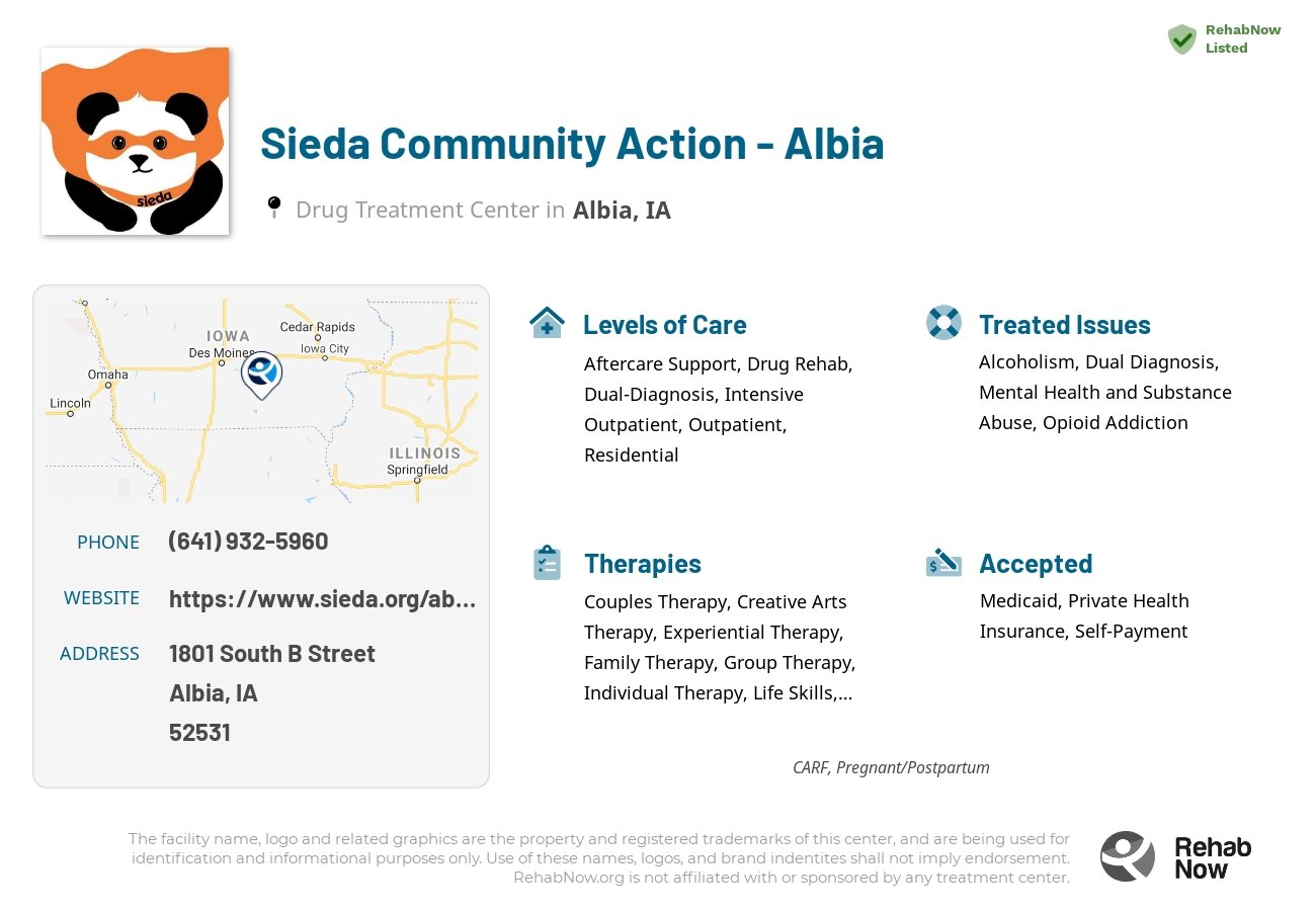 Helpful reference information for Sieda Community Action - Albia, a drug treatment center in Iowa located at: 1801 South B Street, Albia, IA, 52531, including phone numbers, official website, and more. Listed briefly is an overview of Levels of Care, Therapies Offered, Issues Treated, and accepted forms of Payment Methods.