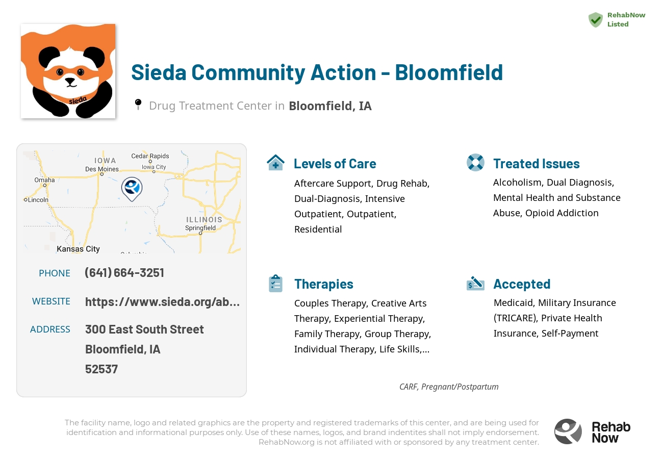 Helpful reference information for Sieda Community Action - Bloomfield, a drug treatment center in Iowa located at: 300 East South Street, Bloomfield, IA, 52537, including phone numbers, official website, and more. Listed briefly is an overview of Levels of Care, Therapies Offered, Issues Treated, and accepted forms of Payment Methods.