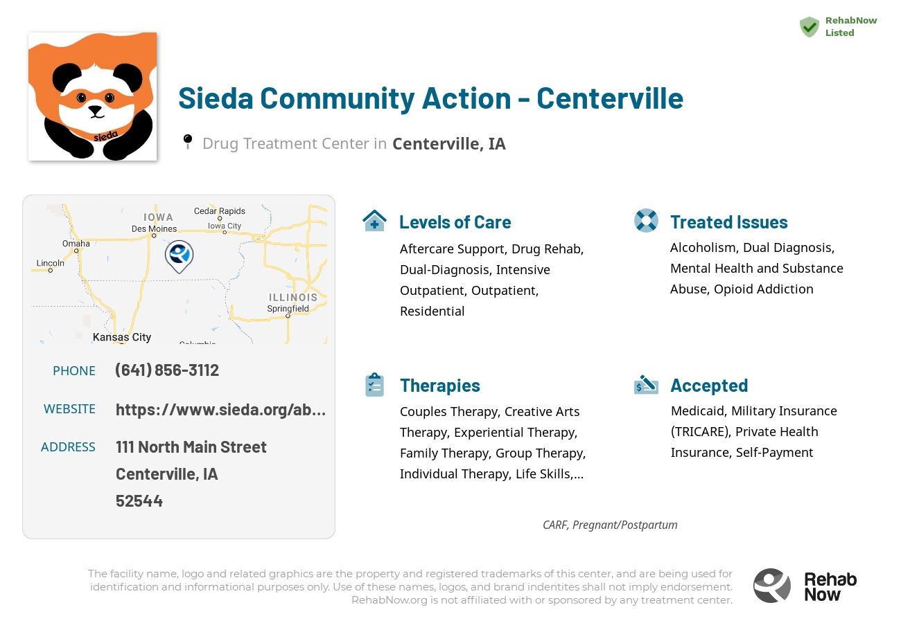 Helpful reference information for Sieda Community Action - Centerville, a drug treatment center in Iowa located at: 111 North Main Street, Centerville, IA, 52544, including phone numbers, official website, and more. Listed briefly is an overview of Levels of Care, Therapies Offered, Issues Treated, and accepted forms of Payment Methods.