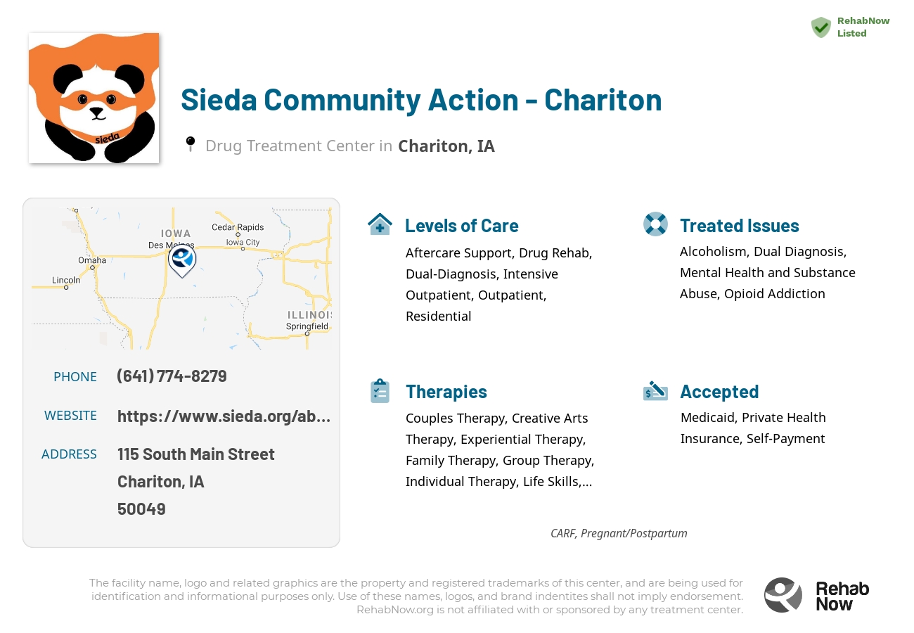 Helpful reference information for Sieda Community Action - Chariton, a drug treatment center in Iowa located at: 115 South Main Street, Chariton, IA, 50049, including phone numbers, official website, and more. Listed briefly is an overview of Levels of Care, Therapies Offered, Issues Treated, and accepted forms of Payment Methods.