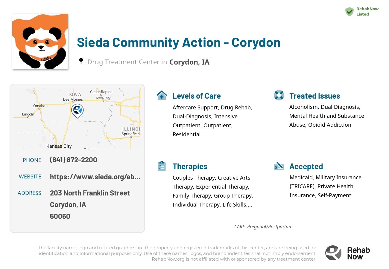 Helpful reference information for Sieda Community Action - Corydon, a drug treatment center in Iowa located at: 203 North Franklin Street, Corydon, IA, 50060, including phone numbers, official website, and more. Listed briefly is an overview of Levels of Care, Therapies Offered, Issues Treated, and accepted forms of Payment Methods.
