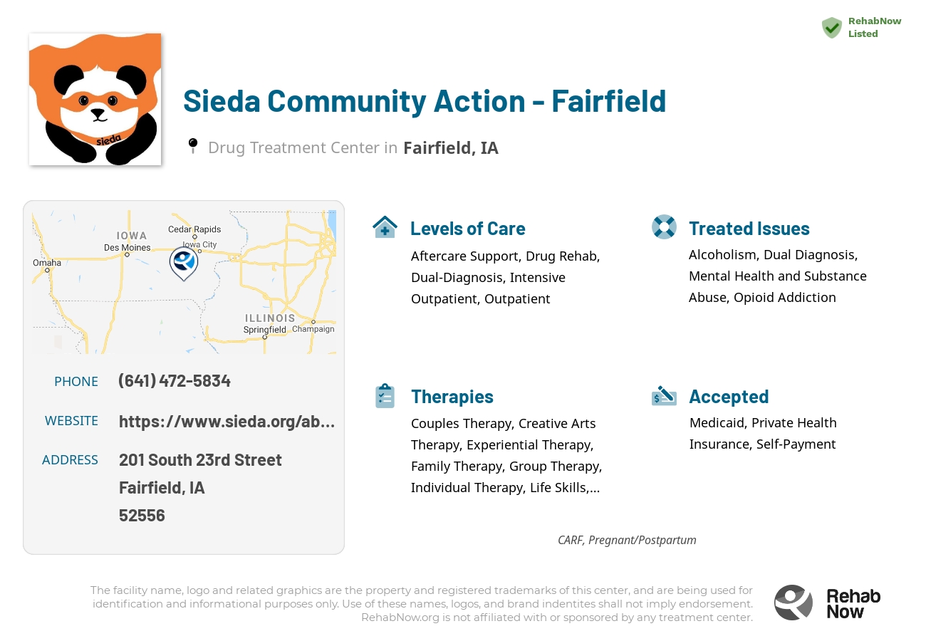 Helpful reference information for Sieda Community Action - Fairfield, a drug treatment center in Iowa located at: 201 South 23rd Street, Fairfield, IA, 52556, including phone numbers, official website, and more. Listed briefly is an overview of Levels of Care, Therapies Offered, Issues Treated, and accepted forms of Payment Methods.