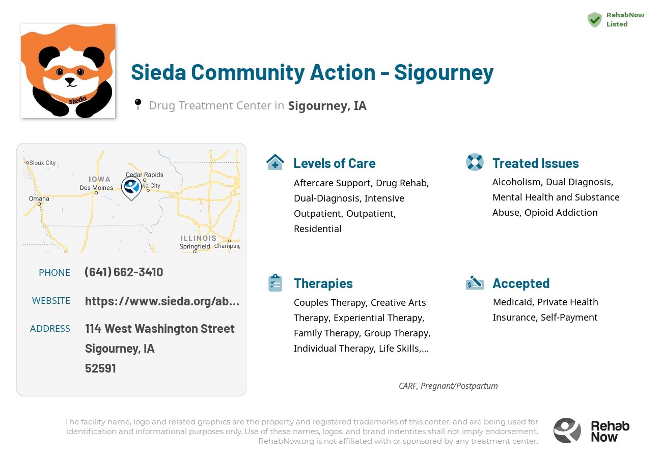 Helpful reference information for Sieda Community Action - Sigourney, a drug treatment center in Iowa located at: 114 West Washington Street, Sigourney, IA, 52591, including phone numbers, official website, and more. Listed briefly is an overview of Levels of Care, Therapies Offered, Issues Treated, and accepted forms of Payment Methods.
