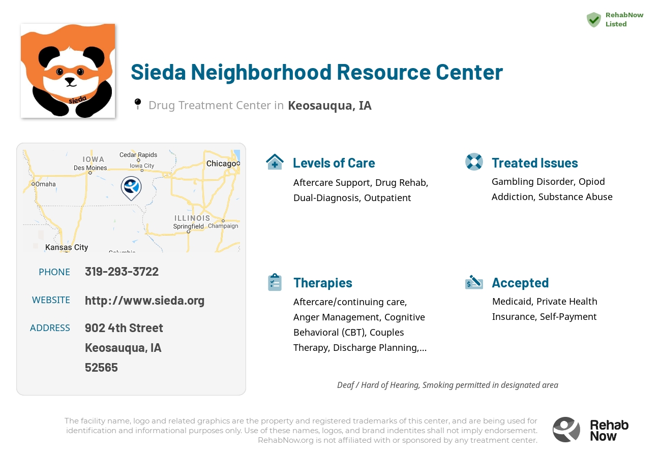 Helpful reference information for Sieda Neighborhood Resource Center, a drug treatment center in Iowa located at: 902 4th Street, Keosauqua, IA 52565, including phone numbers, official website, and more. Listed briefly is an overview of Levels of Care, Therapies Offered, Issues Treated, and accepted forms of Payment Methods.