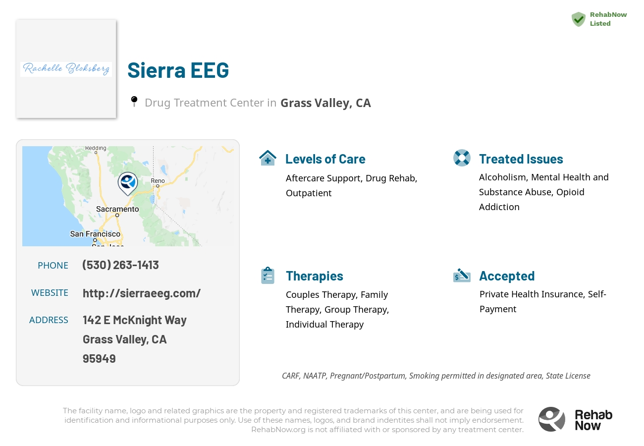 Helpful reference information for Sierra EEG, a drug treatment center in California located at: 142 E McKnight Way, Grass Valley, CA 95949, including phone numbers, official website, and more. Listed briefly is an overview of Levels of Care, Therapies Offered, Issues Treated, and accepted forms of Payment Methods.