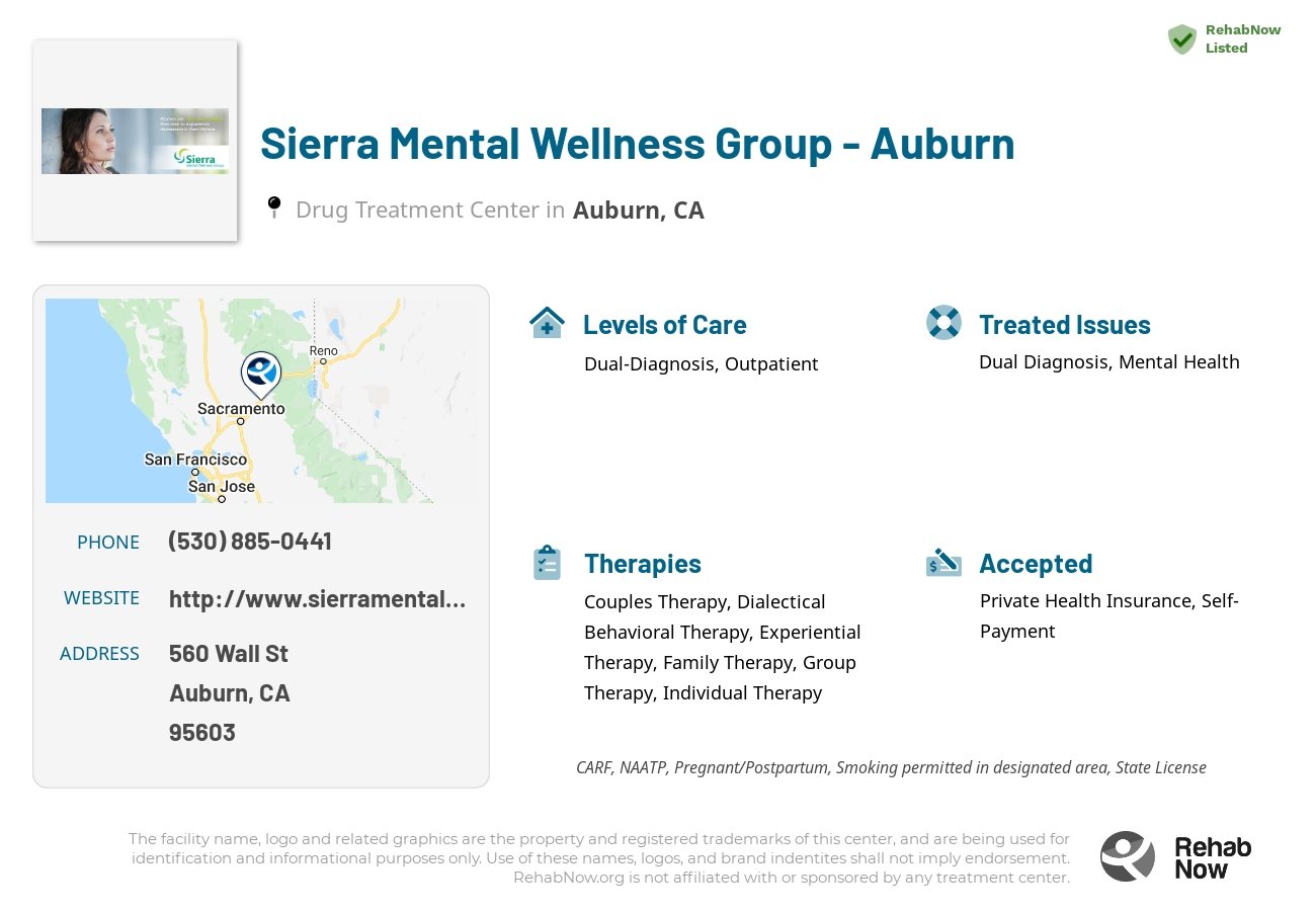 Helpful reference information for Sierra Mental Wellness Group - Auburn, a drug treatment center in California located at: 560 Wall St, Auburn, CA 95603, including phone numbers, official website, and more. Listed briefly is an overview of Levels of Care, Therapies Offered, Issues Treated, and accepted forms of Payment Methods.