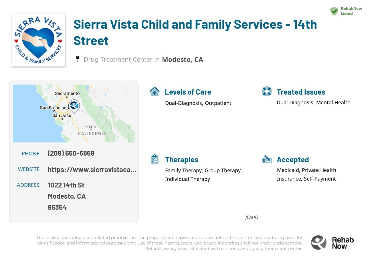 Helpful reference information for Sierra Vista Child and Family Services - 14th Street, a drug treatment center in California located at: 1022 14th St, Modesto, CA 95354, including phone numbers, official website, and more. Listed briefly is an overview of Levels of Care, Therapies Offered, Issues Treated, and accepted forms of Payment Methods.