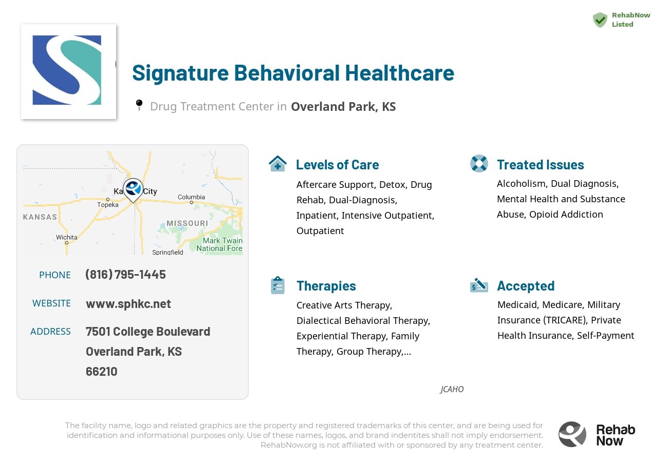 Helpful reference information for Signature Behavioral Healthcare, a drug treatment center in Kansas located at: 7501 College Boulevard, Overland Park, KS, 66210, including phone numbers, official website, and more. Listed briefly is an overview of Levels of Care, Therapies Offered, Issues Treated, and accepted forms of Payment Methods.