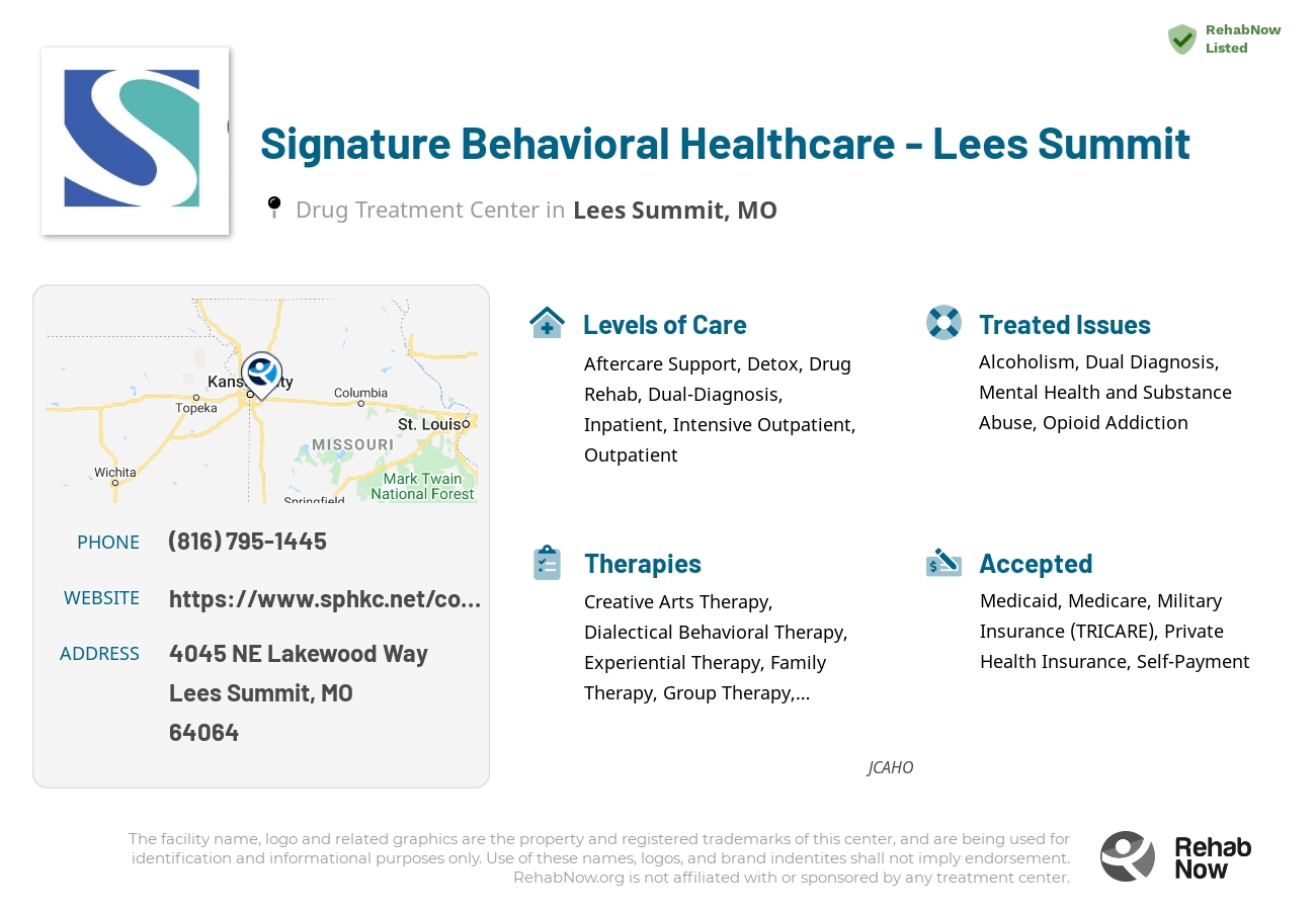 Helpful reference information for Signature Behavioral Healthcare - Lees Summit, a drug treatment center in Missouri located at: 4045 NE Lakewood Way, Lees Summit, MO, 64064, including phone numbers, official website, and more. Listed briefly is an overview of Levels of Care, Therapies Offered, Issues Treated, and accepted forms of Payment Methods.