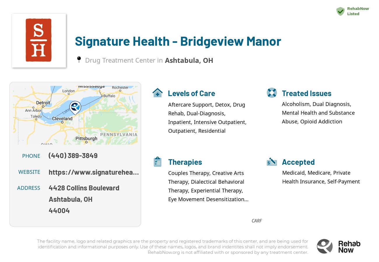 Helpful reference information for Signature Health - Bridgeview Manor, a drug treatment center in Ohio located at: 4428 Collins Boulevard, Ashtabula, OH, 44004, including phone numbers, official website, and more. Listed briefly is an overview of Levels of Care, Therapies Offered, Issues Treated, and accepted forms of Payment Methods.
