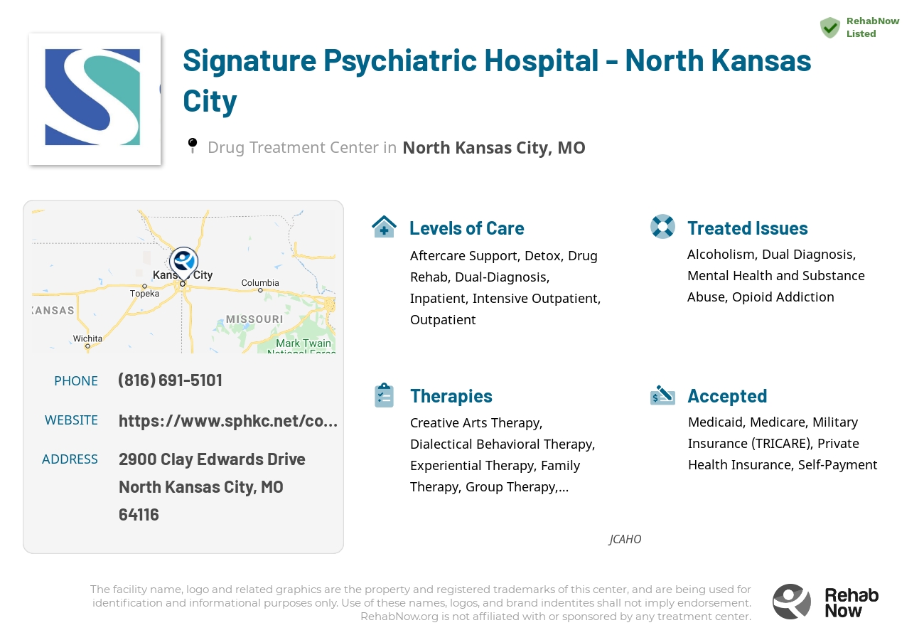 Helpful reference information for Signature Psychiatric Hospital - North Kansas City, a drug treatment center in Missouri located at: 2900 Clay Edwards Drive, North Kansas City, MO, 64116, including phone numbers, official website, and more. Listed briefly is an overview of Levels of Care, Therapies Offered, Issues Treated, and accepted forms of Payment Methods.