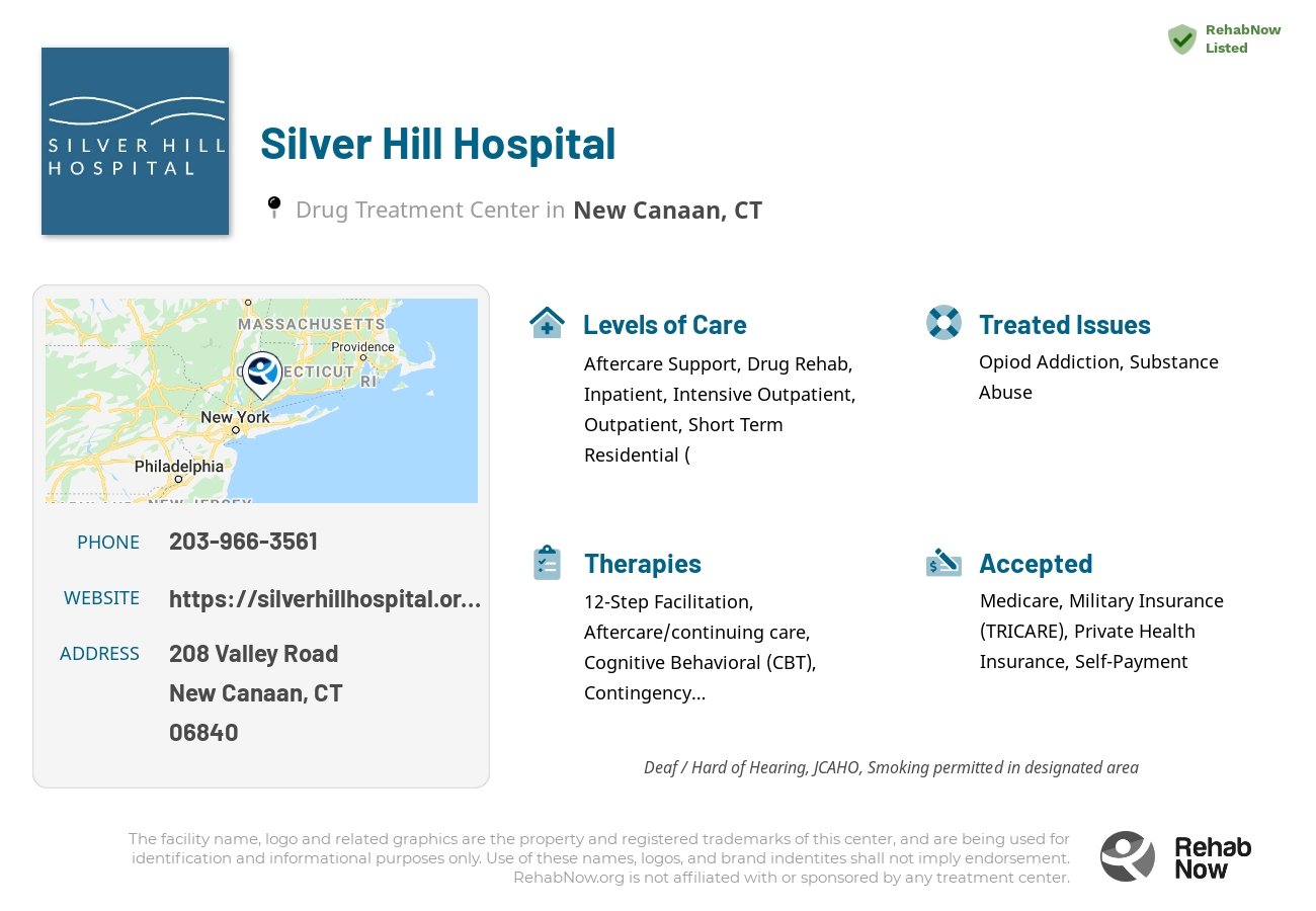 Helpful reference information for Silver Hill Hospital, a drug treatment center in Connecticut located at: 208 Valley Road, New Canaan, CT 06840, including phone numbers, official website, and more. Listed briefly is an overview of Levels of Care, Therapies Offered, Issues Treated, and accepted forms of Payment Methods.