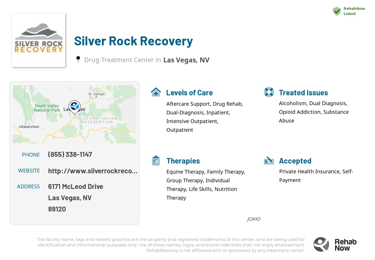 Helpful reference information for Silver Rock Recovery, a drug treatment center in Nevada located at: 6171 6171 McLeod Drive, Las Vegas, NV 89120, including phone numbers, official website, and more. Listed briefly is an overview of Levels of Care, Therapies Offered, Issues Treated, and accepted forms of Payment Methods.