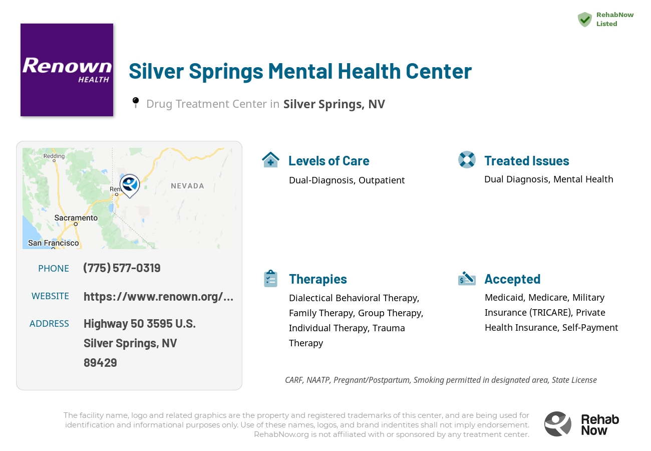 Helpful reference information for Silver Springs Mental Health Center, a drug treatment center in Nevada located at: Highway 50 3595 U.S., Silver Springs, NV 89429, including phone numbers, official website, and more. Listed briefly is an overview of Levels of Care, Therapies Offered, Issues Treated, and accepted forms of Payment Methods.