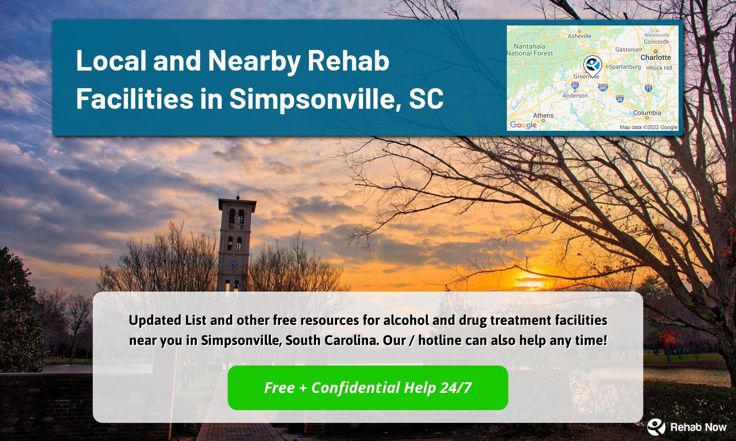  Updated List and other free resources for alcohol and drug treatment facilities near you in Simpsonville, South Carolina. Our / hotline can also help any time!