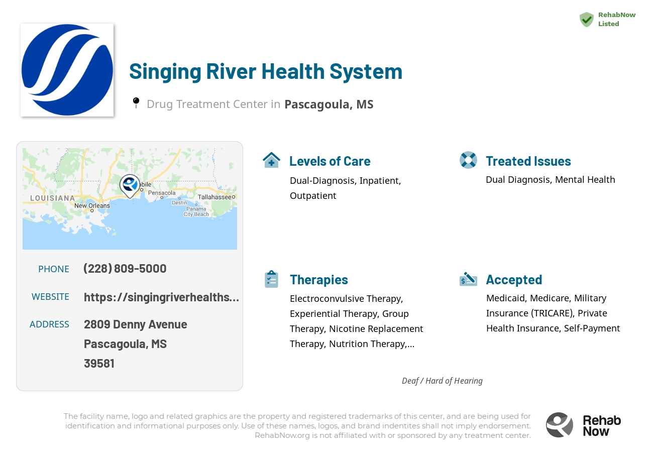 Helpful reference information for Singing River Health System, a drug treatment center in Mississippi located at: 2809 2809 Denny Avenue, Pascagoula, MS 39581, including phone numbers, official website, and more. Listed briefly is an overview of Levels of Care, Therapies Offered, Issues Treated, and accepted forms of Payment Methods.