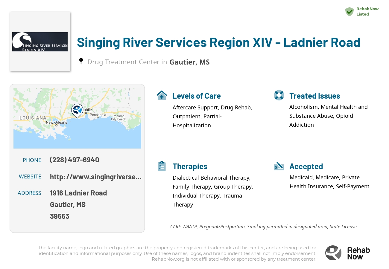 Helpful reference information for Singing River Services Region XIV - Ladnier Road, a drug treatment center in Mississippi located at: 1916 1916 Ladnier Road, Gautier, MS 39553, including phone numbers, official website, and more. Listed briefly is an overview of Levels of Care, Therapies Offered, Issues Treated, and accepted forms of Payment Methods.