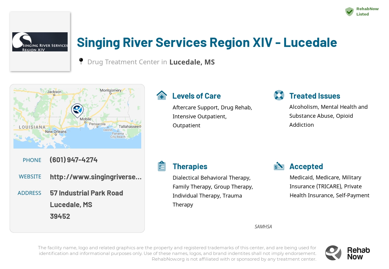 Helpful reference information for Singing River Services Region XIV - Lucedale, a drug treatment center in Mississippi located at: 57 57 Industrial Park Road, Lucedale, MS 39452, including phone numbers, official website, and more. Listed briefly is an overview of Levels of Care, Therapies Offered, Issues Treated, and accepted forms of Payment Methods.