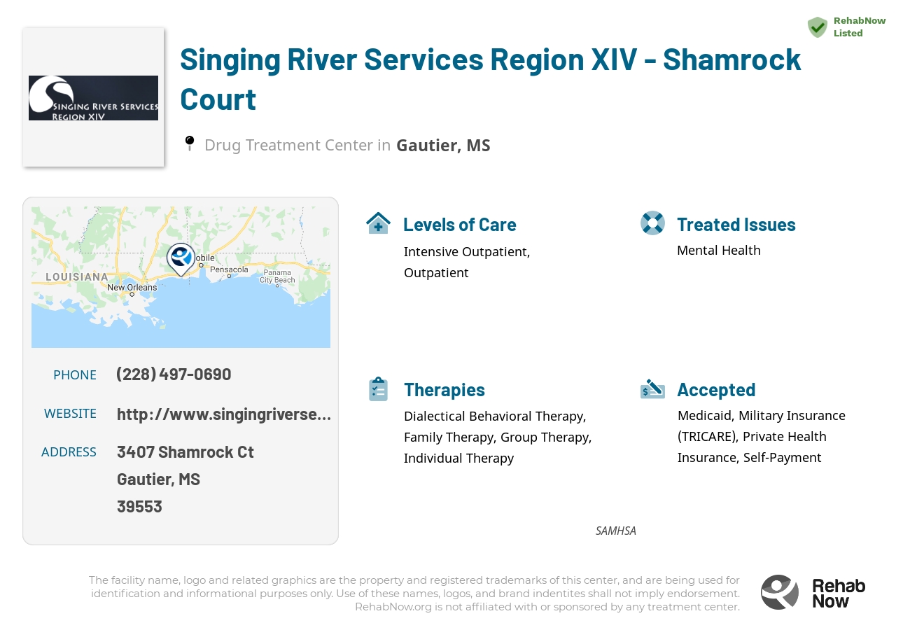 Helpful reference information for Singing River Services Region XIV - Shamrock Court, a drug treatment center in Mississippi located at: 3407 Shamrock Ct, Gautier, MS 39553, including phone numbers, official website, and more. Listed briefly is an overview of Levels of Care, Therapies Offered, Issues Treated, and accepted forms of Payment Methods.