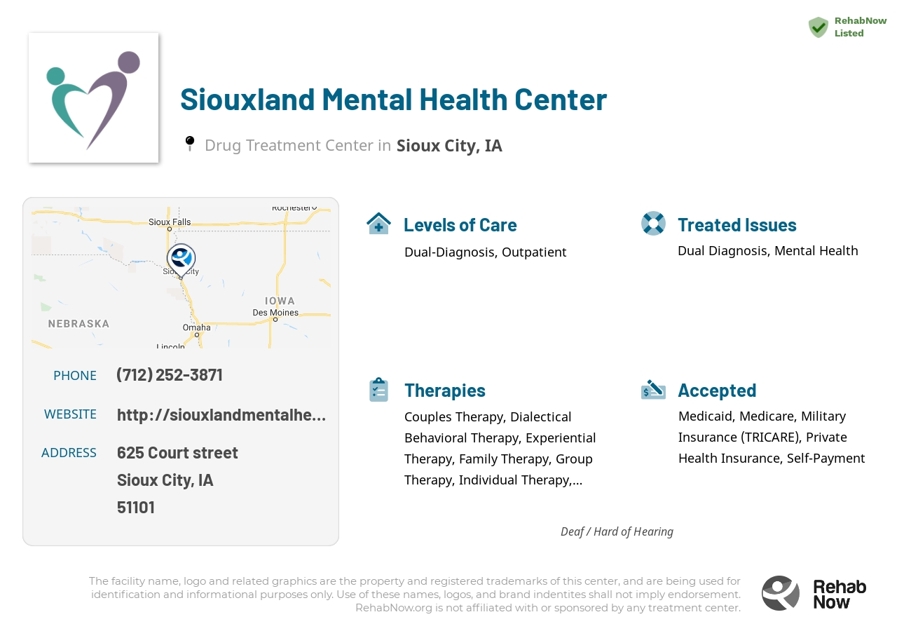 Helpful reference information for Siouxland Mental Health Center, a drug treatment center in Iowa located at: 625 Court street, Sioux City, IA, 51101, including phone numbers, official website, and more. Listed briefly is an overview of Levels of Care, Therapies Offered, Issues Treated, and accepted forms of Payment Methods.