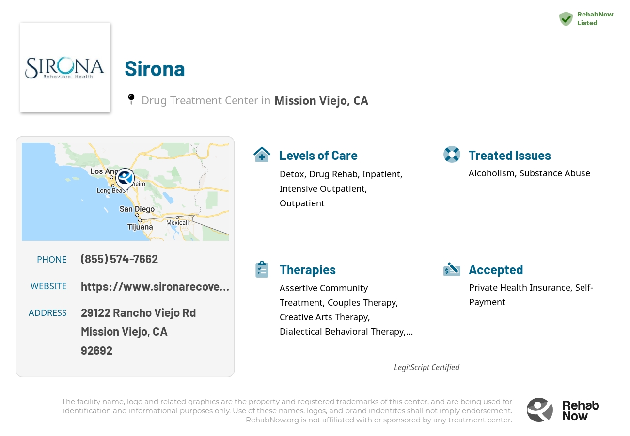 Helpful reference information for Sirona, a drug treatment center in California located at: 29122 Rancho Viejo Rd, Mission Viejo, CA 92692, including phone numbers, official website, and more. Listed briefly is an overview of Levels of Care, Therapies Offered, Issues Treated, and accepted forms of Payment Methods.