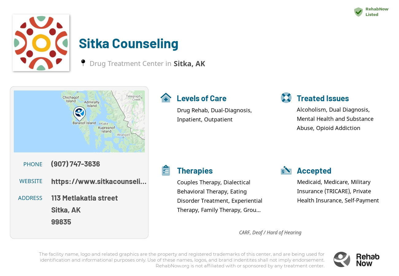 Helpful reference information for Sitka Counseling, a drug treatment center in Alaska located at: 113 Metlakatla street, Sitka, AK, 99835, including phone numbers, official website, and more. Listed briefly is an overview of Levels of Care, Therapies Offered, Issues Treated, and accepted forms of Payment Methods.