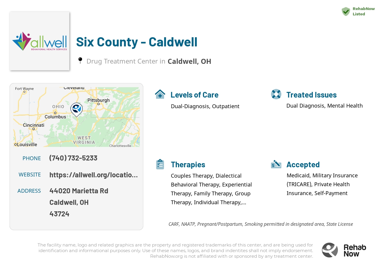 Helpful reference information for Six County - Caldwell, a drug treatment center in Ohio located at: 44020 Marietta Rd, Caldwell, OH 43724, including phone numbers, official website, and more. Listed briefly is an overview of Levels of Care, Therapies Offered, Issues Treated, and accepted forms of Payment Methods.