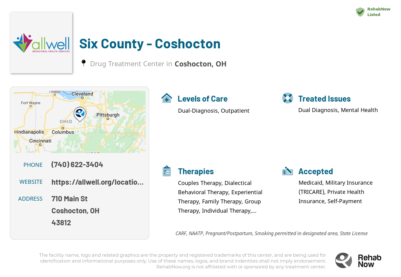 Helpful reference information for Six County - Coshocton, a drug treatment center in Ohio located at: 710 Main St, Coshocton, OH 43812, including phone numbers, official website, and more. Listed briefly is an overview of Levels of Care, Therapies Offered, Issues Treated, and accepted forms of Payment Methods.