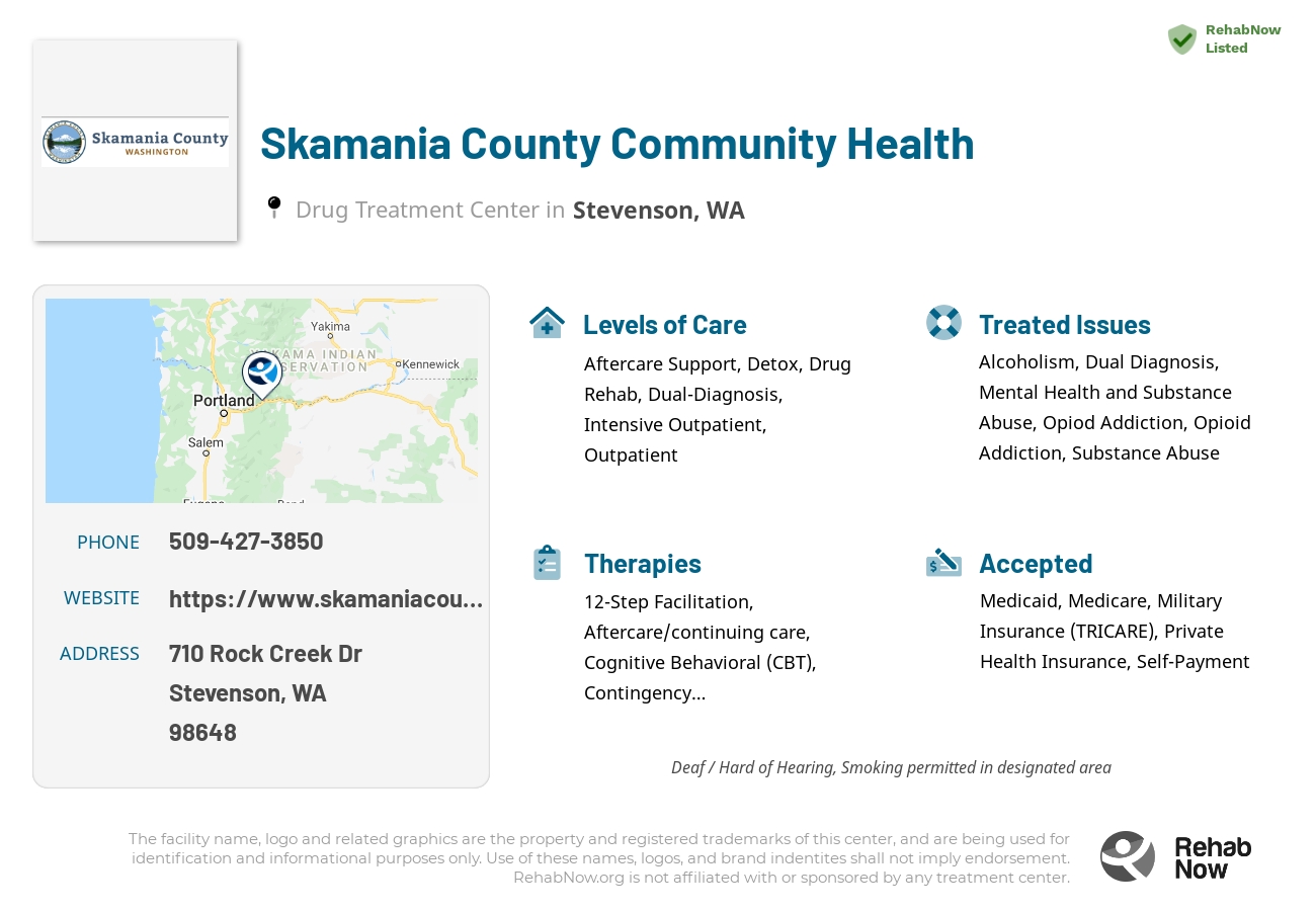 Helpful reference information for Skamania County Community Health, a drug treatment center in Washington located at: 710 Rock Creek Dr, Stevenson, WA 98648, including phone numbers, official website, and more. Listed briefly is an overview of Levels of Care, Therapies Offered, Issues Treated, and accepted forms of Payment Methods.