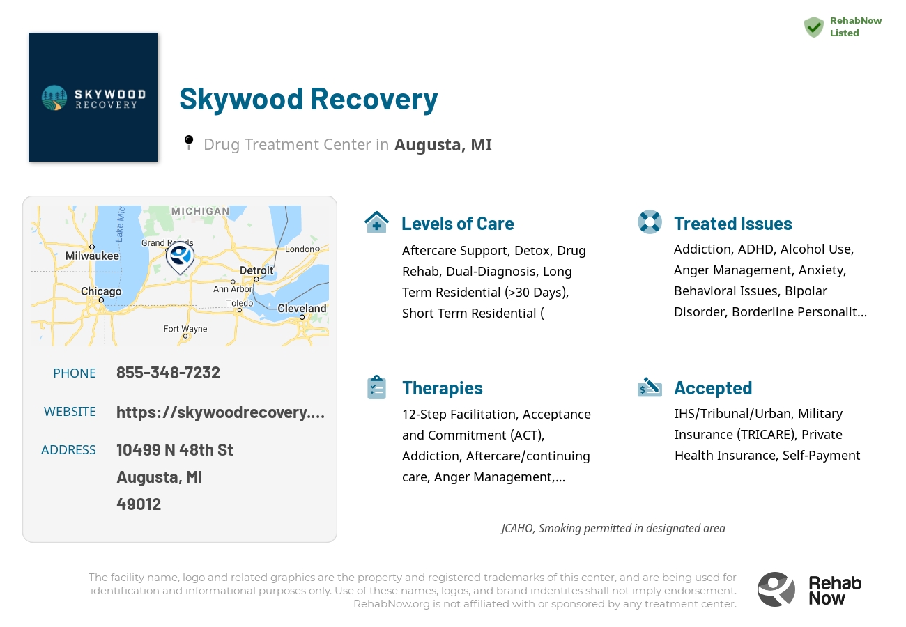 Helpful reference information for Skywood Recovery, a drug treatment center in Michigan located at: 10499 N 48th St, Augusta, MI 49012, including phone numbers, official website, and more. Listed briefly is an overview of Levels of Care, Therapies Offered, Issues Treated, and accepted forms of Payment Methods.