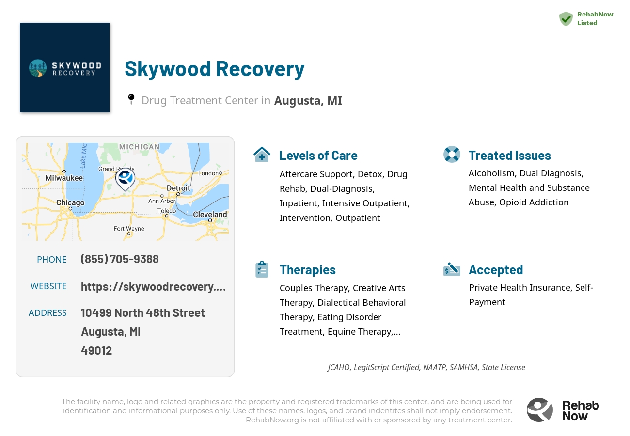 Helpful reference information for Skywood Recovery, a drug treatment center in Michigan located at: 10499 North 48th Street, Augusta, MI, 49012, including phone numbers, official website, and more. Listed briefly is an overview of Levels of Care, Therapies Offered, Issues Treated, and accepted forms of Payment Methods.
