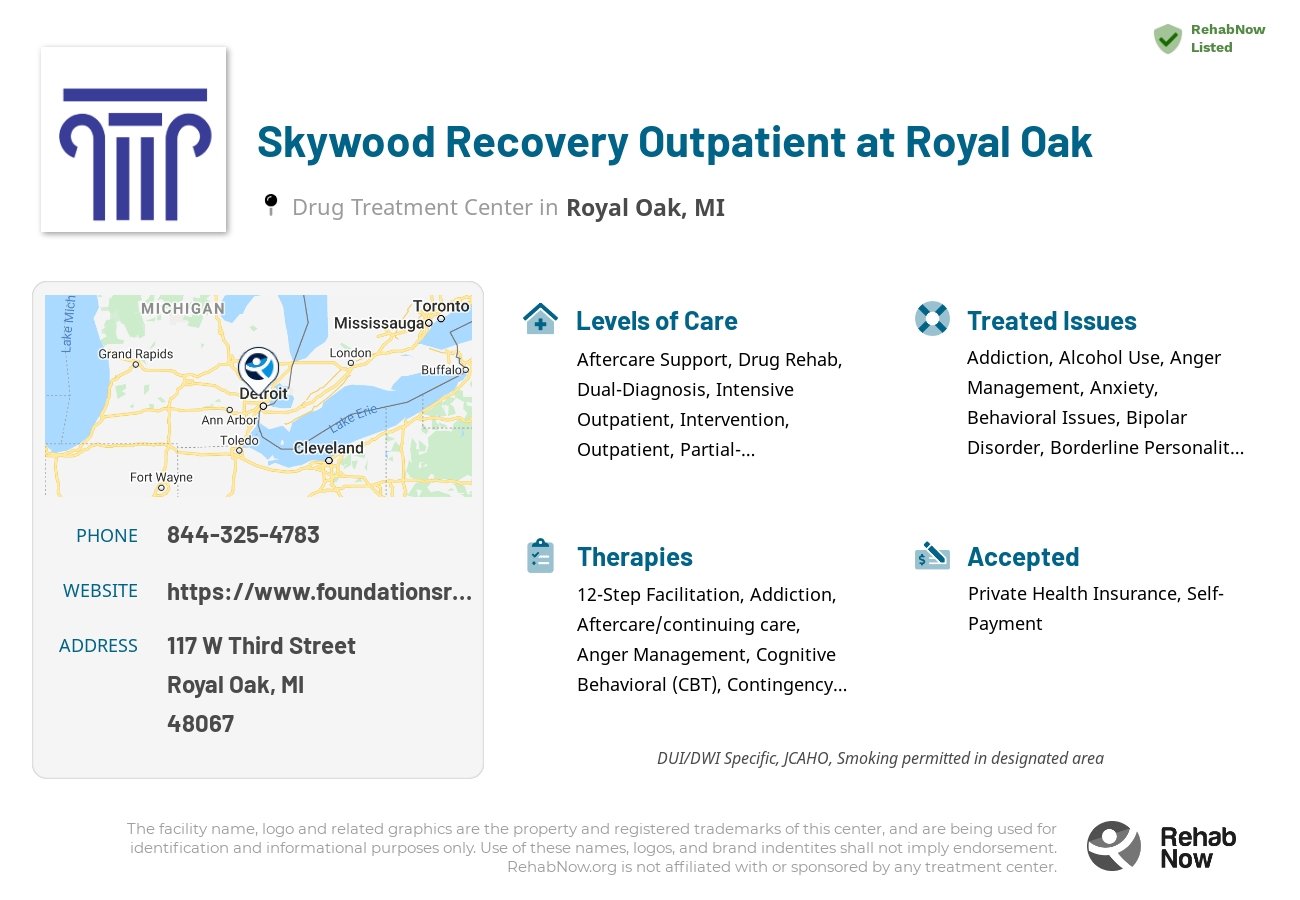 Helpful reference information for Skywood Recovery Outpatient at Royal Oak, a drug treatment center in Michigan located at: 117 W Third Street, Royal Oak, MI 48067, including phone numbers, official website, and more. Listed briefly is an overview of Levels of Care, Therapies Offered, Issues Treated, and accepted forms of Payment Methods.