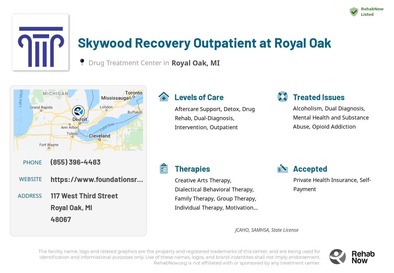 Helpful reference information for Skywood Recovery Outpatient at Royal Oak, a drug treatment center in Michigan located at: 117 West Third Street, Royal Oak, MI, 48067, including phone numbers, official website, and more. Listed briefly is an overview of Levels of Care, Therapies Offered, Issues Treated, and accepted forms of Payment Methods.