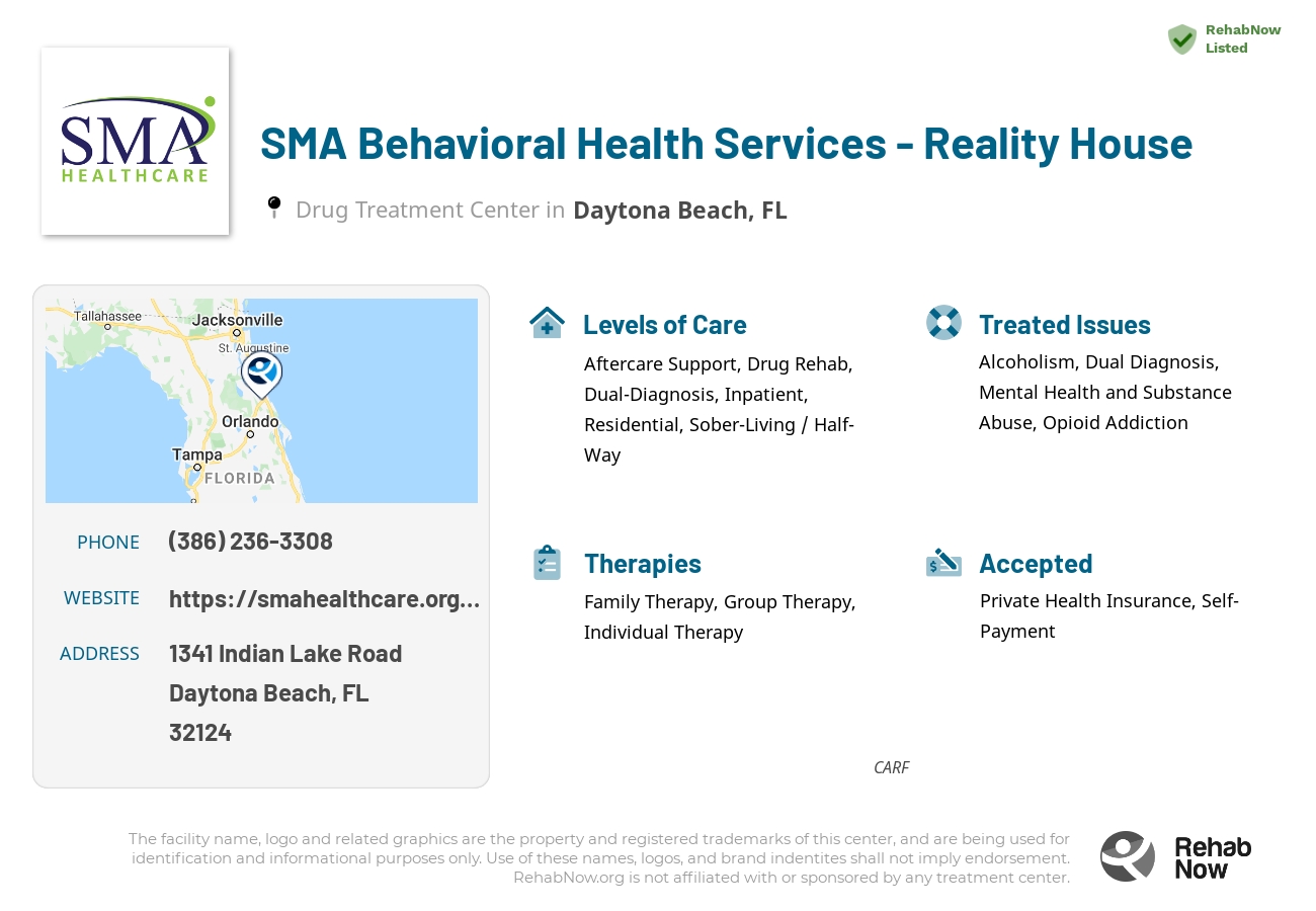 Helpful reference information for SMA Behavioral Health Services - Reality House, a drug treatment center in Florida located at: 1341 Indian Lake Road, Daytona Beach, FL, 32124, including phone numbers, official website, and more. Listed briefly is an overview of Levels of Care, Therapies Offered, Issues Treated, and accepted forms of Payment Methods.