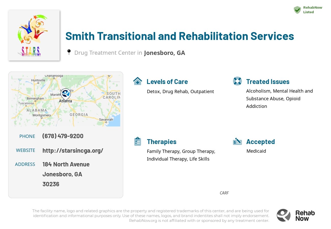 Helpful reference information for Smith Transitional and Rehabilitation Services, a drug treatment center in Georgia located at: 184 184 North Avenue, Jonesboro, GA 30236, including phone numbers, official website, and more. Listed briefly is an overview of Levels of Care, Therapies Offered, Issues Treated, and accepted forms of Payment Methods.
