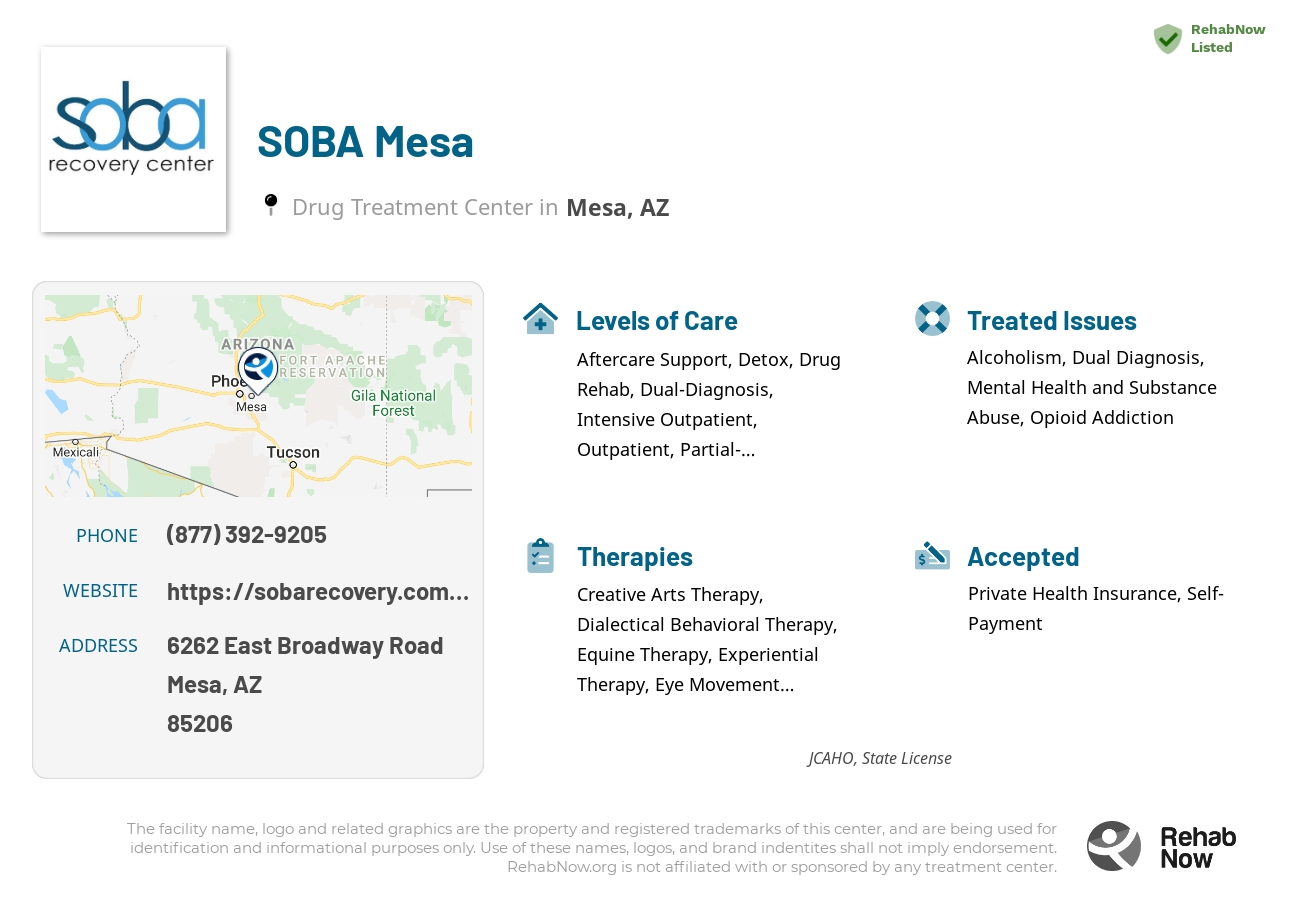 Helpful reference information for SOBA Mesa, a drug treatment center in Arizona located at: 6262 East Broadway Road, Mesa, AZ, 85206, including phone numbers, official website, and more. Listed briefly is an overview of Levels of Care, Therapies Offered, Issues Treated, and accepted forms of Payment Methods.