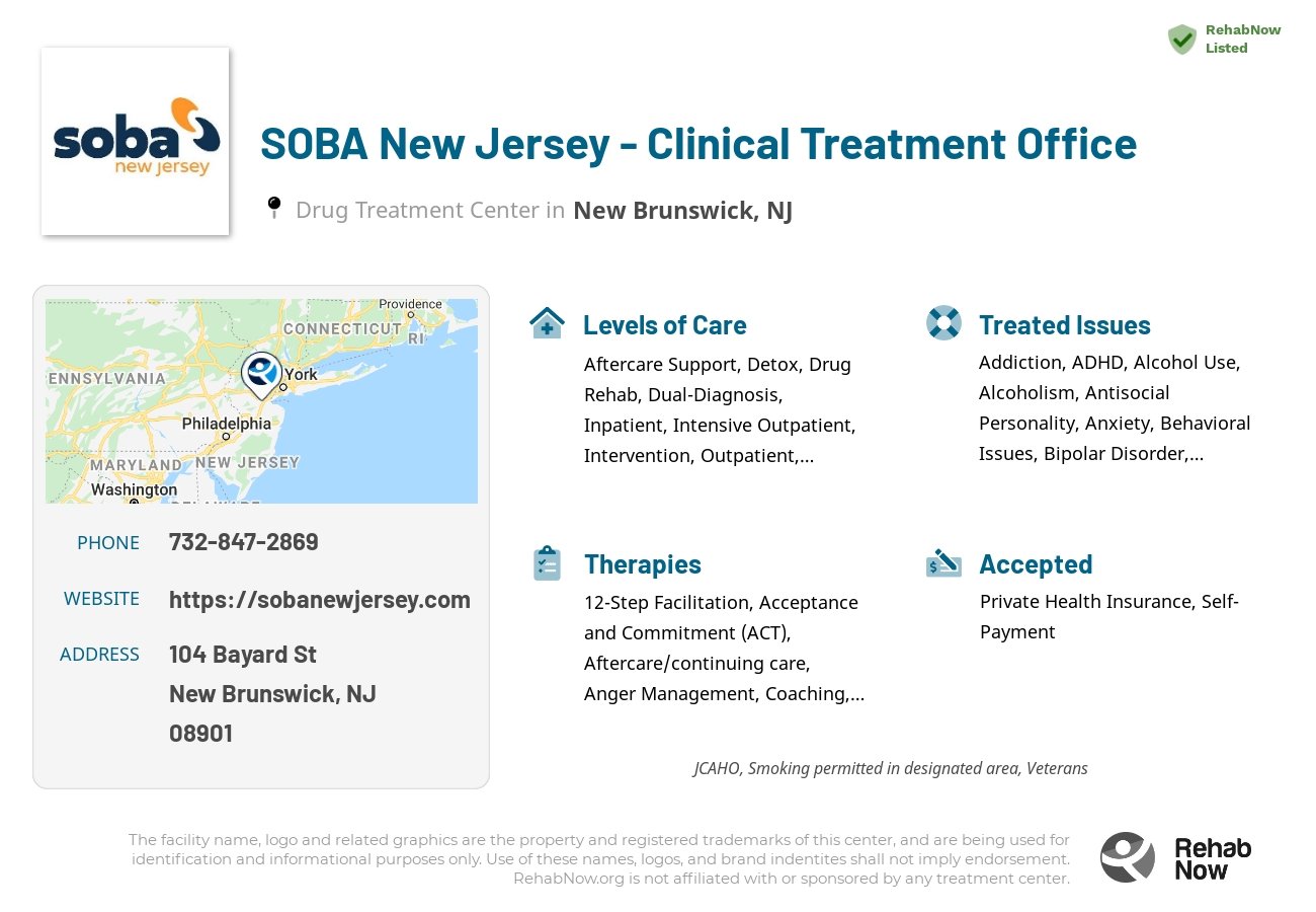 Helpful reference information for SOBA New Jersey - Clinical Treatment Office, a drug treatment center in New Jersey located at: 104 Bayard St, New Brunswick, NJ 08901, including phone numbers, official website, and more. Listed briefly is an overview of Levels of Care, Therapies Offered, Issues Treated, and accepted forms of Payment Methods.