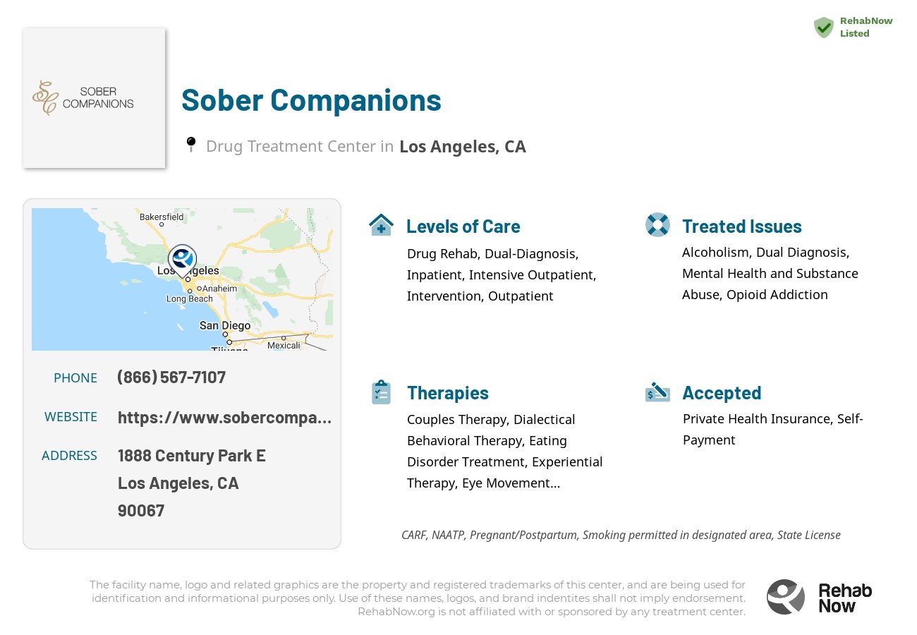Helpful reference information for Sober Companions, a drug treatment center in California located at: 1888 Century Park E, Los Angeles, CA 90067, including phone numbers, official website, and more. Listed briefly is an overview of Levels of Care, Therapies Offered, Issues Treated, and accepted forms of Payment Methods.