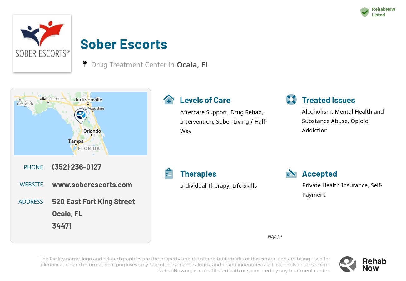 Helpful reference information for Sober Escorts, a drug treatment center in Florida located at: 520 East Fort King Street, Ocala, FL, 34471, including phone numbers, official website, and more. Listed briefly is an overview of Levels of Care, Therapies Offered, Issues Treated, and accepted forms of Payment Methods.
