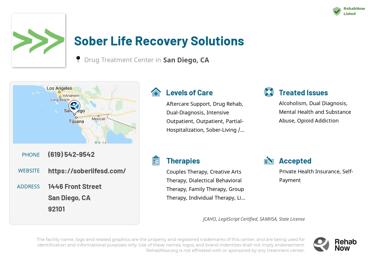 Helpful reference information for Sober Life Recovery Solutions, a drug treatment center in California located at: 1446 Front Street, San Diego, CA, 92101, including phone numbers, official website, and more. Listed briefly is an overview of Levels of Care, Therapies Offered, Issues Treated, and accepted forms of Payment Methods.