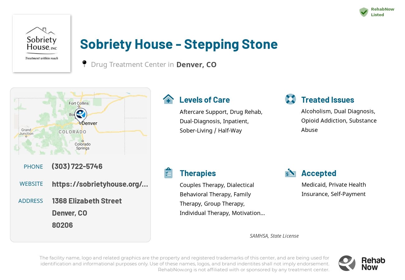 Helpful reference information for Sobriety House - Stepping Stone, a drug treatment center in Colorado located at: 1368 Elizabeth Street, Denver, CO, 80206, including phone numbers, official website, and more. Listed briefly is an overview of Levels of Care, Therapies Offered, Issues Treated, and accepted forms of Payment Methods.