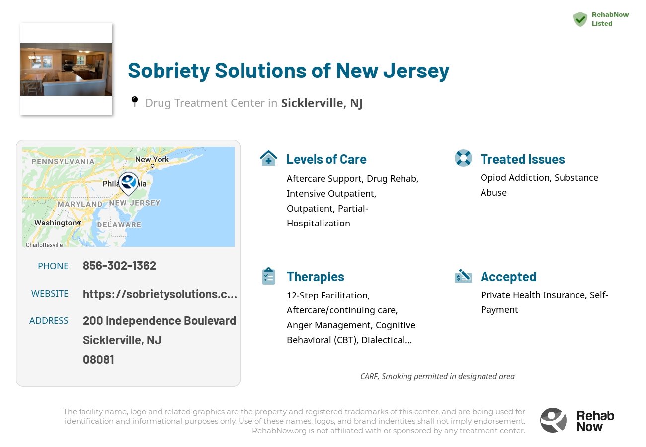 Helpful reference information for Sobriety Solutions of New Jersey, a drug treatment center in New Jersey located at: 200 Independence Boulevard, Sicklerville, NJ 08081, including phone numbers, official website, and more. Listed briefly is an overview of Levels of Care, Therapies Offered, Issues Treated, and accepted forms of Payment Methods.