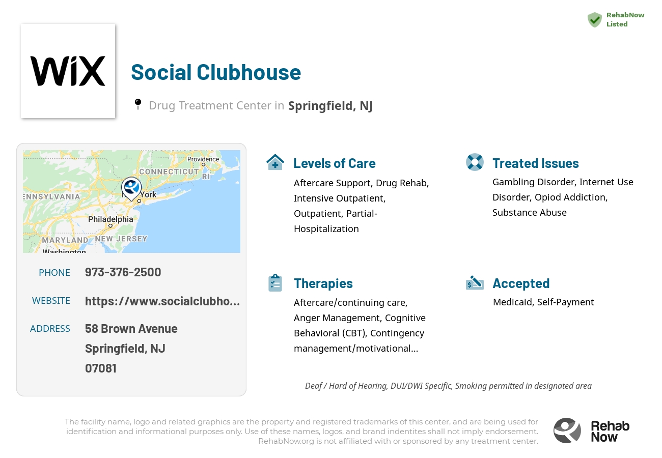 Helpful reference information for Social Clubhouse, a drug treatment center in New Jersey located at: 58 Brown Avenue, Springfield, NJ 07081, including phone numbers, official website, and more. Listed briefly is an overview of Levels of Care, Therapies Offered, Issues Treated, and accepted forms of Payment Methods.