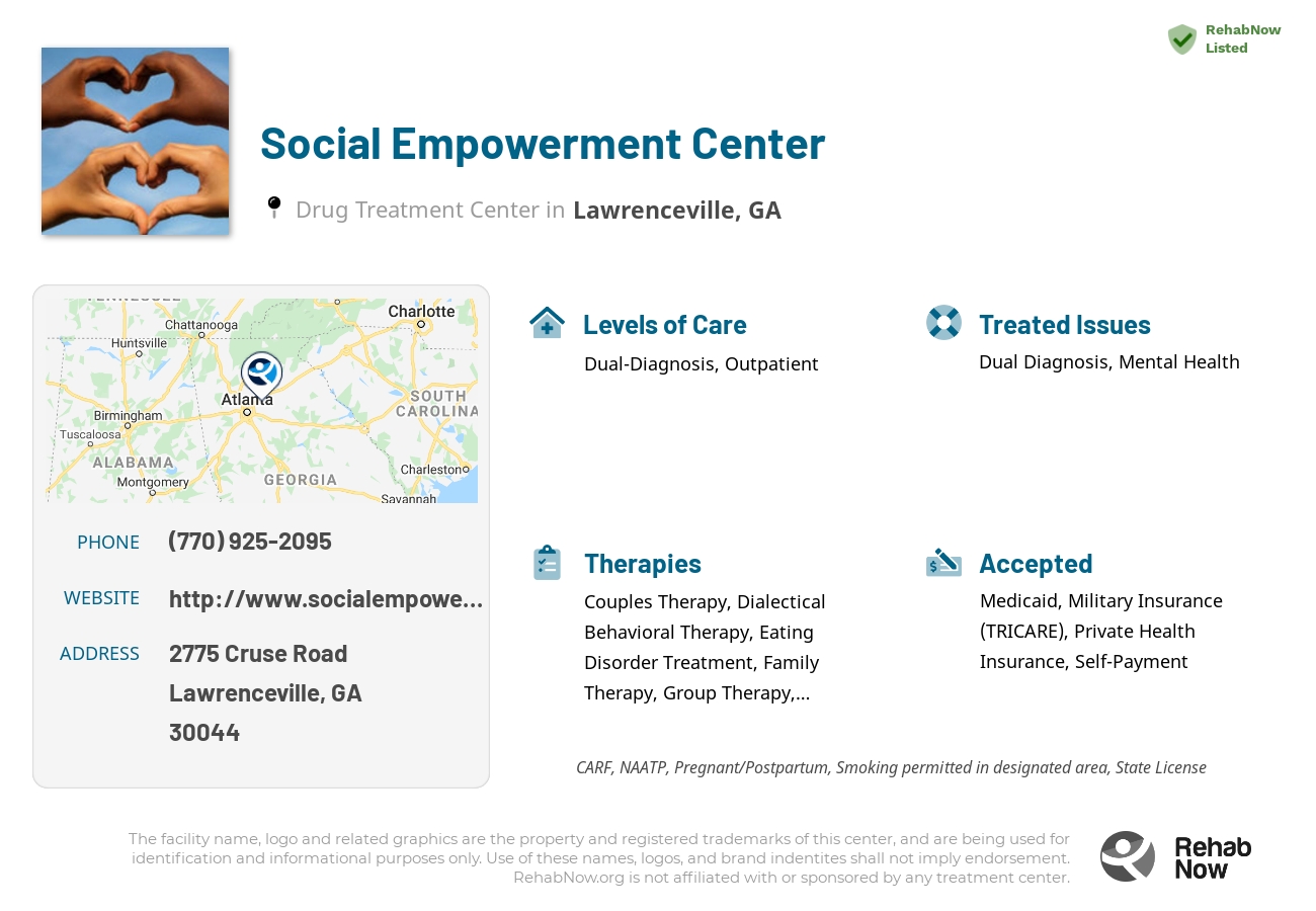 Helpful reference information for Social Empowerment Center, a drug treatment center in Georgia located at: 2775 2775 Cruse Road, Lawrenceville, GA 30044, including phone numbers, official website, and more. Listed briefly is an overview of Levels of Care, Therapies Offered, Issues Treated, and accepted forms of Payment Methods.